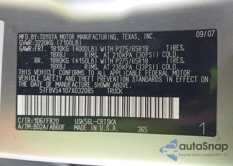 2007 Toyota Tundra Sr5 5.7L V8 from USA, damaged, VIN 5TFBV54107X032085